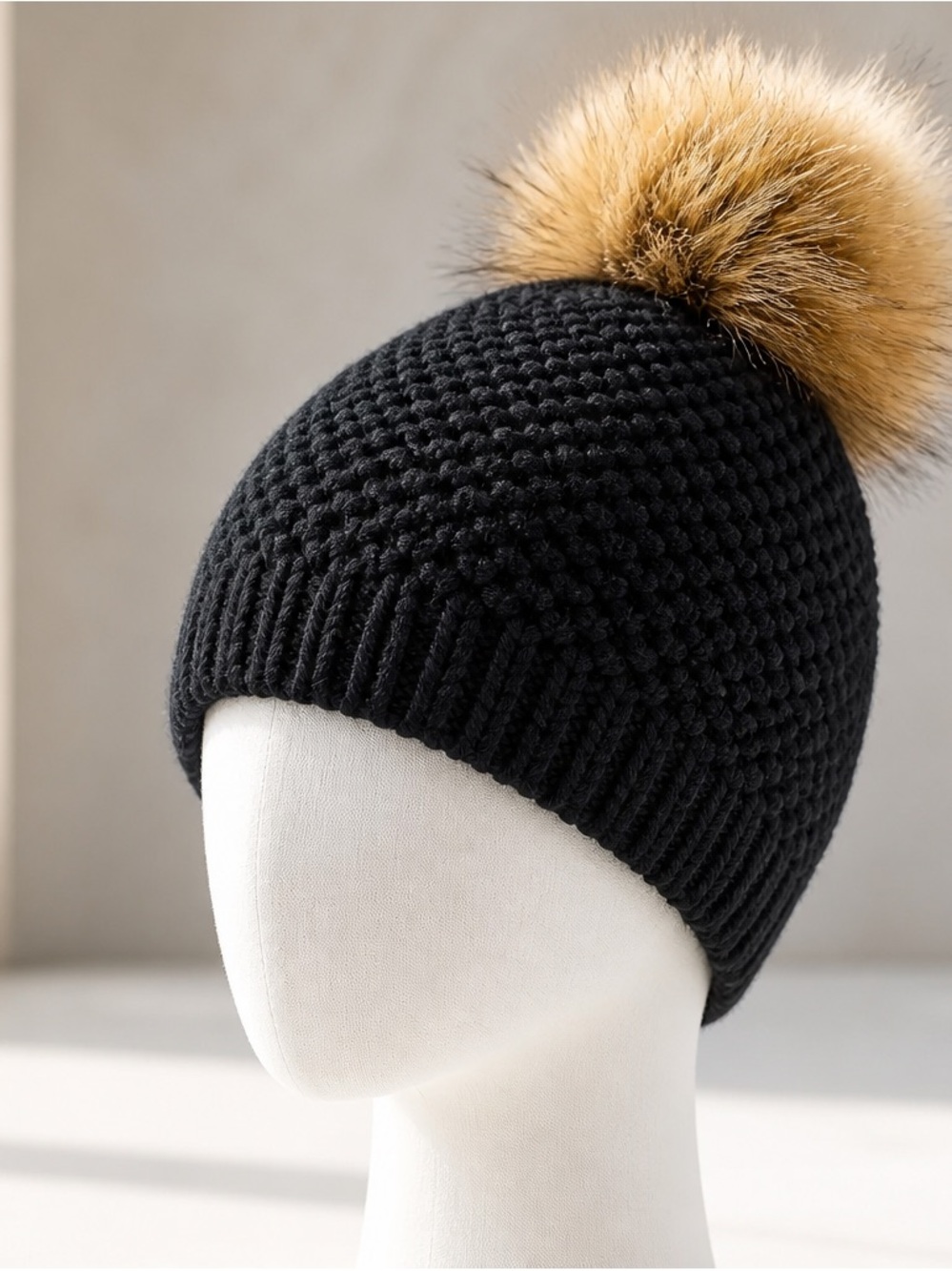 Black Knit Pom-Pom Beanie with Faux Fur Top